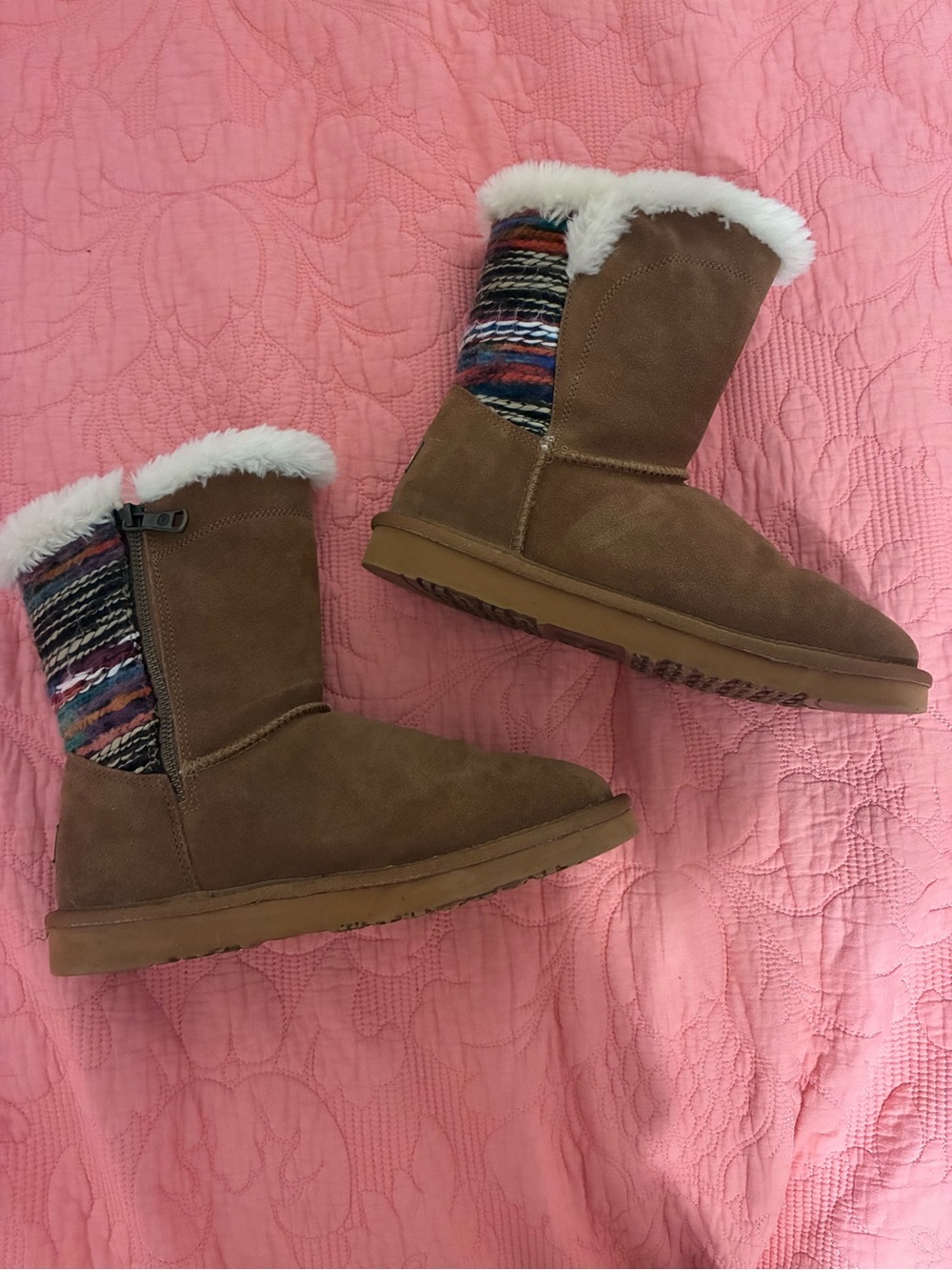 Lamo Brown Faux-Shearling Mid-Calf Boots with Multicolor Knit Accent